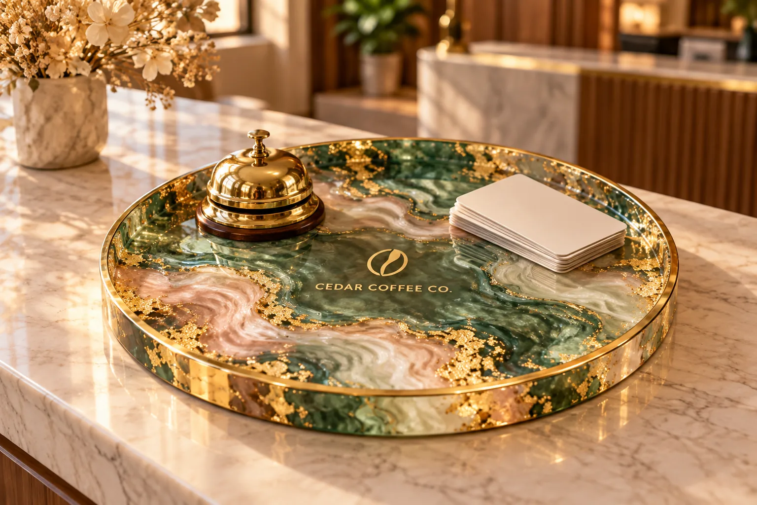 A round sea-glass and pearl resin tray with a gold edge on a hotel reception desk