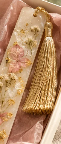 Pearl bookmark with pressed petals, gold flake and a gold tassel