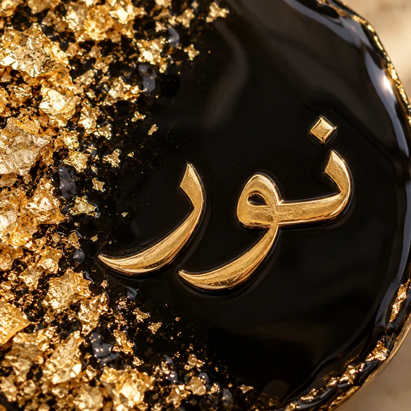 The Arabic name Noor in gold calligraphy on a black coaster