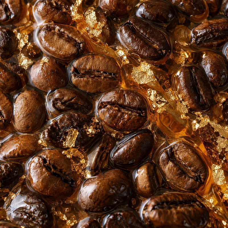 Roasted coffee beans set in clear resin with gold flakes