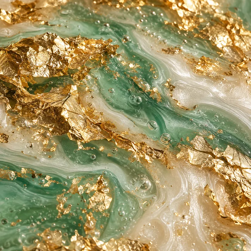 Gold leaf settling into a sea-glass resin pour