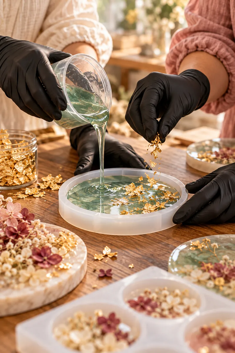 Two pairs of gloved hands pouring sea-glass resin into a coaster mould and adding gold flakes