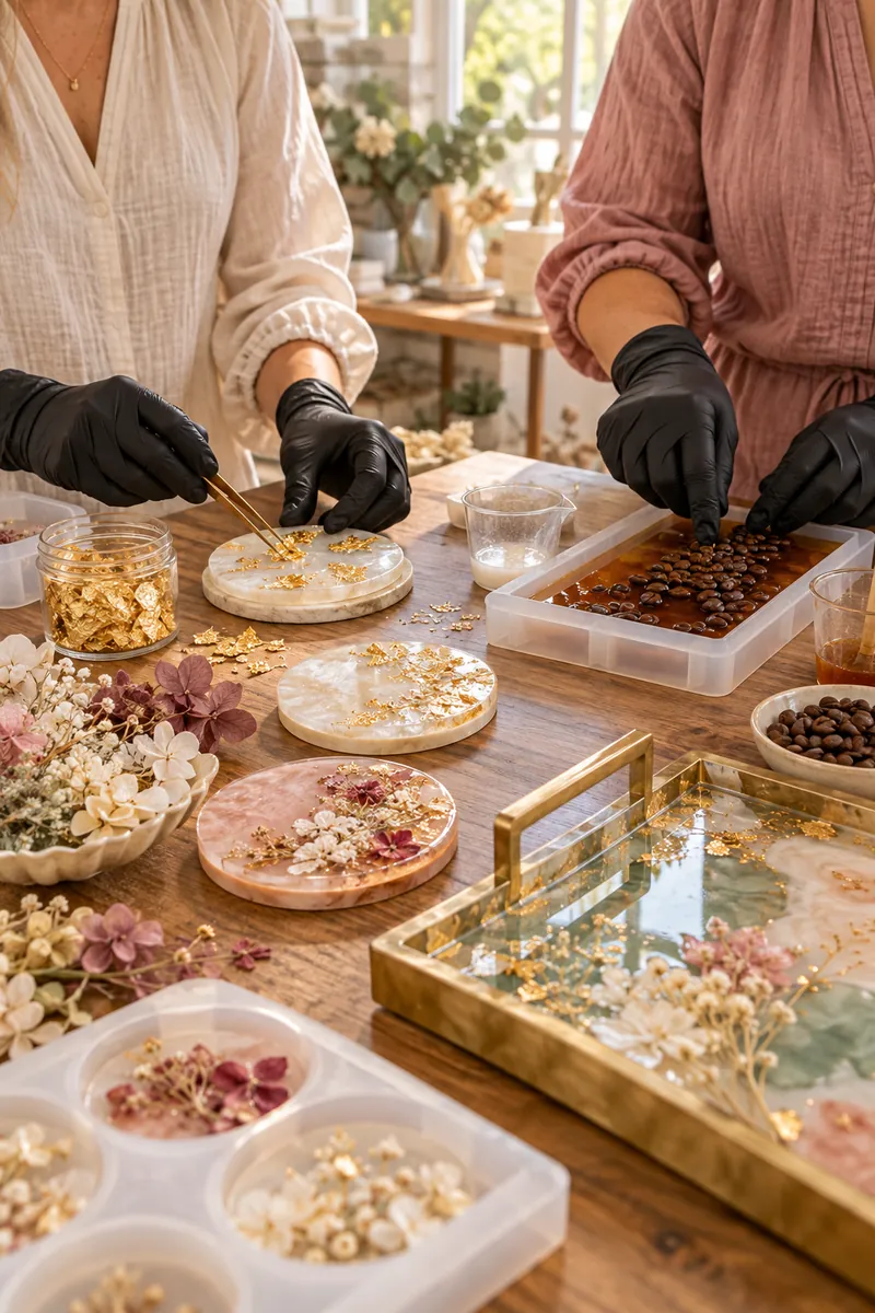 Two women in linen and black gloves laying gold leaf and coffee beans at a long studio table