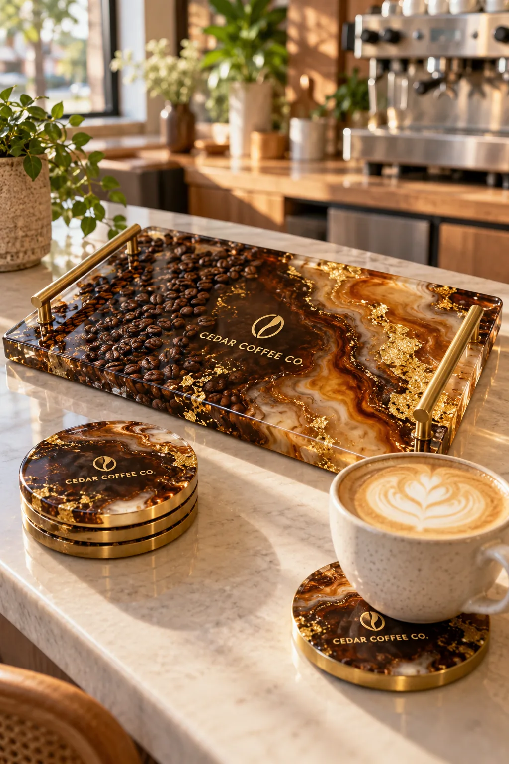 Coffee-bean resin tray with brass handles and matching gold-edged coasters on a café counter