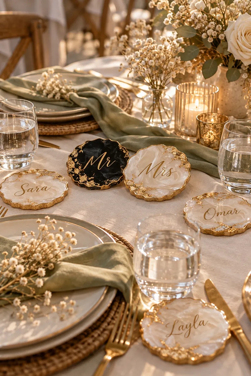 Pearl and gold name coasters used as wedding place cards, with Mr and Mrs coasters