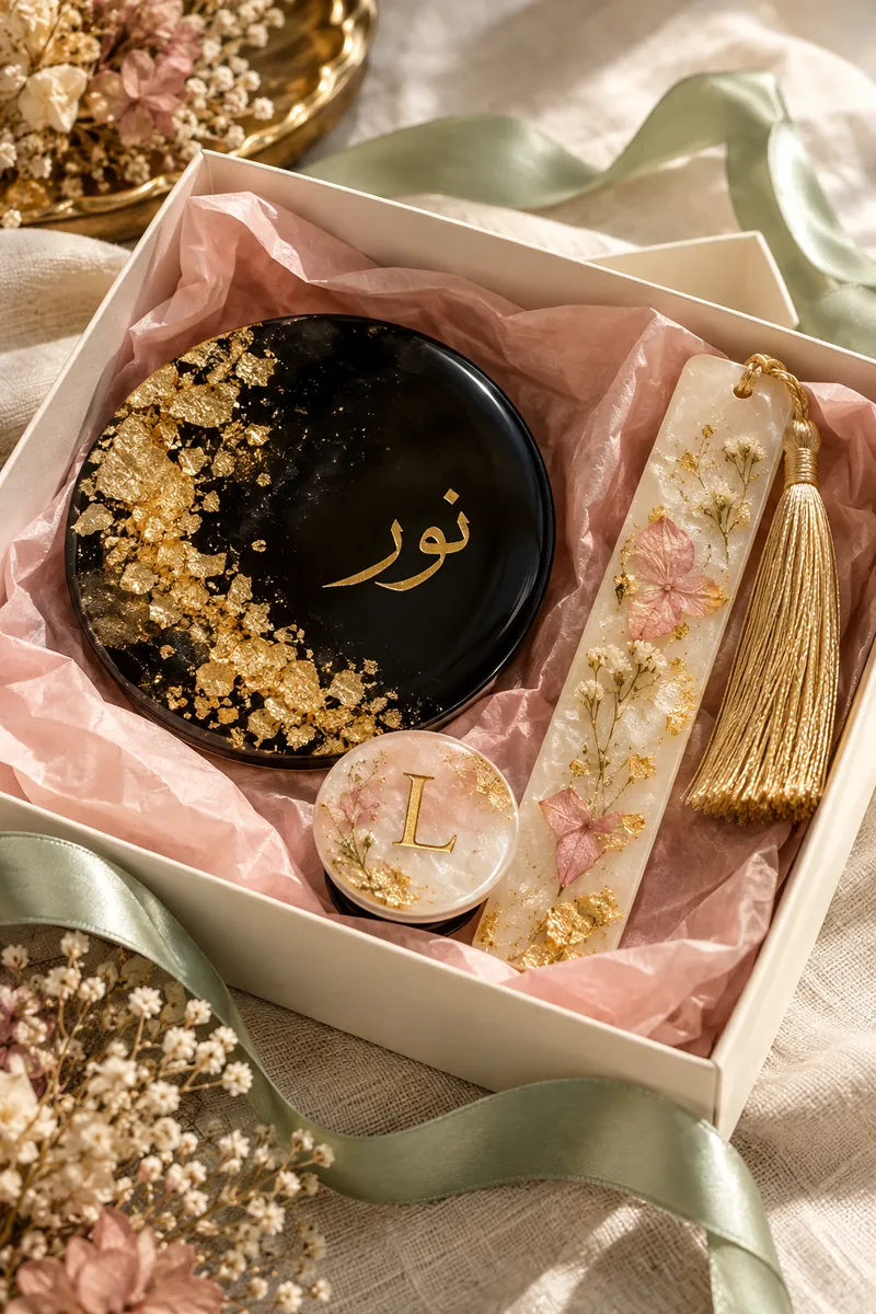 Gift box with an Arabic name coaster, a pearl bookmark with a gold tassel and a gold monogram keepsake